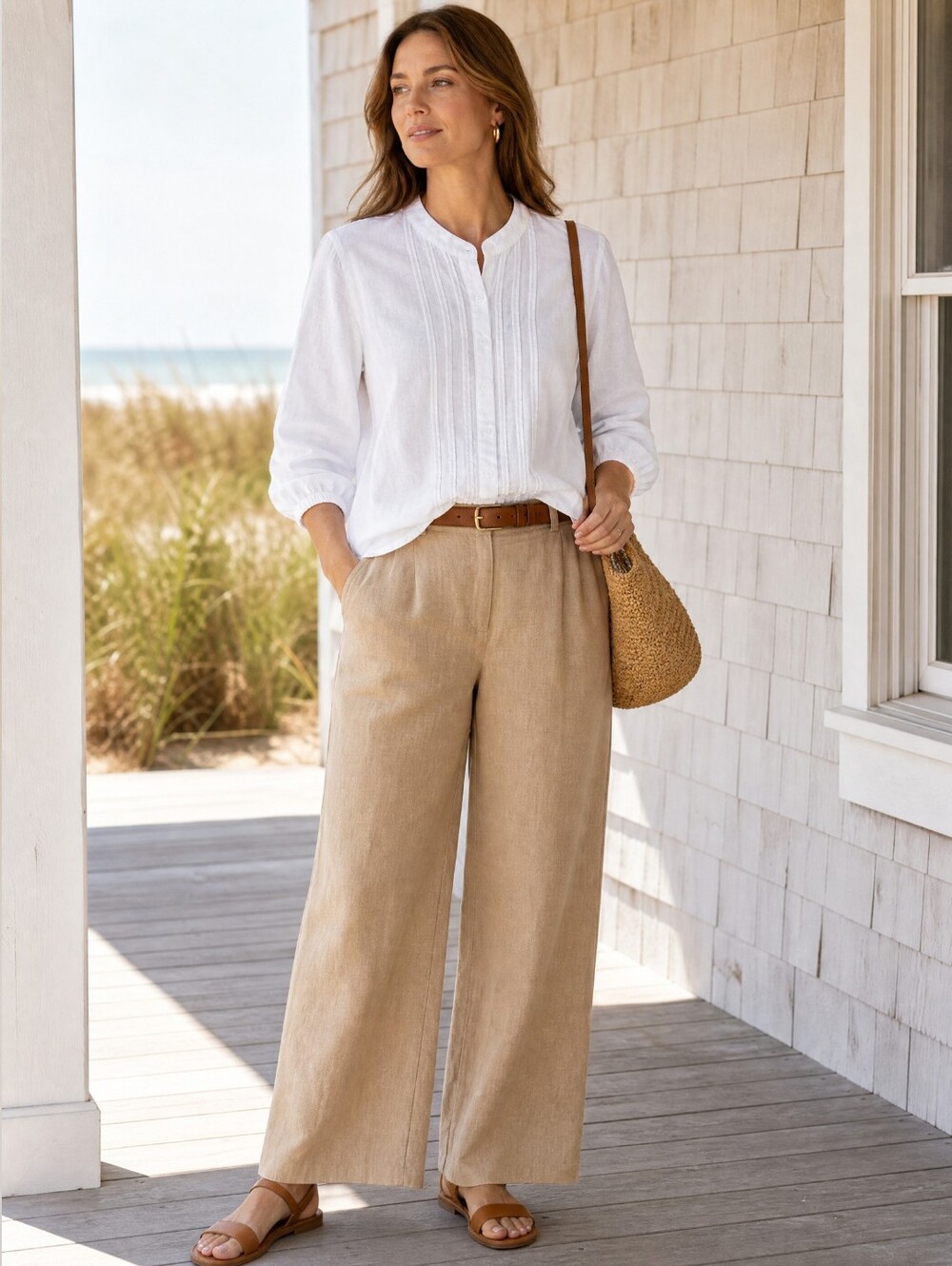 Jones New York White Linen Pintuck Button Front Blouse 3/4 Sleeve Coastal